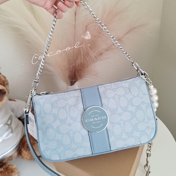 NWT Coach C8306 Lonnie Baguette Crossbody In Signature Jacquard in Marbleblu - Picture 1 of 14